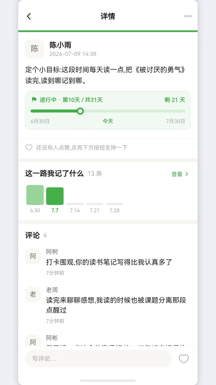 分享家目标详情:读完《被讨厌的勇气》,第 10 天,伙伴评论围观